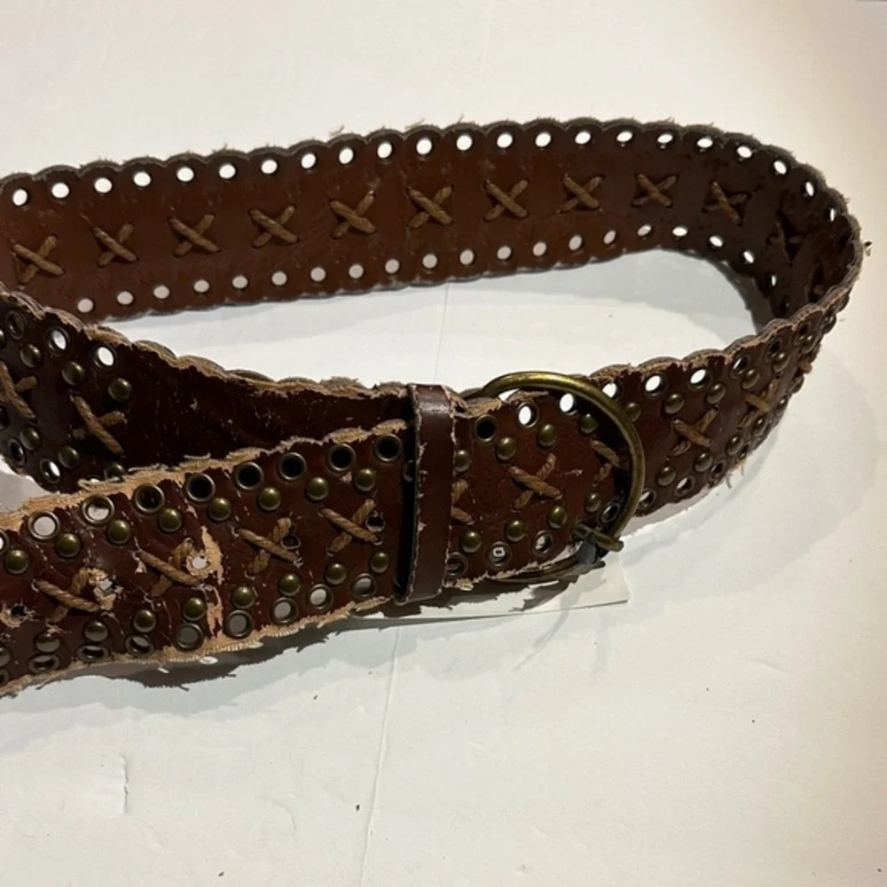 Weathered Brown faux Leather Belt with Brass Accents 29-33”